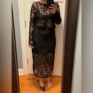 Jason Wu Black Lace 2 Piece Set with Ling Sleeve Top and Pencil Skirt Size 6